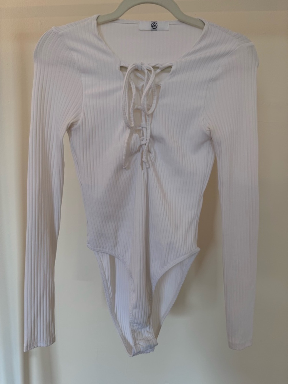 Missguided White Ribbed Lace-Up Long Sleeve Bodysuit
